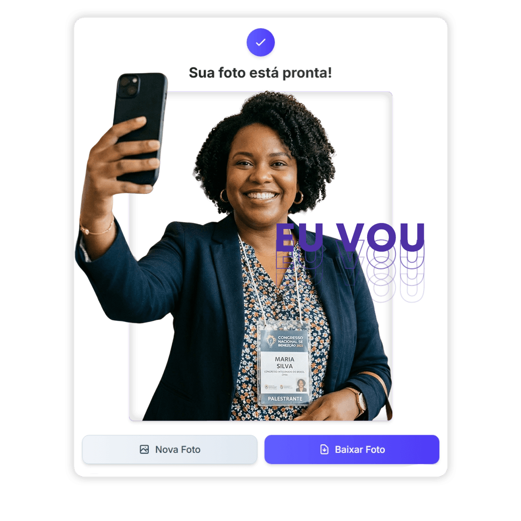 Tela com a mensagem «Sua foto está pronta», pré-visualização da foto e botões para nova foto ou baixar.